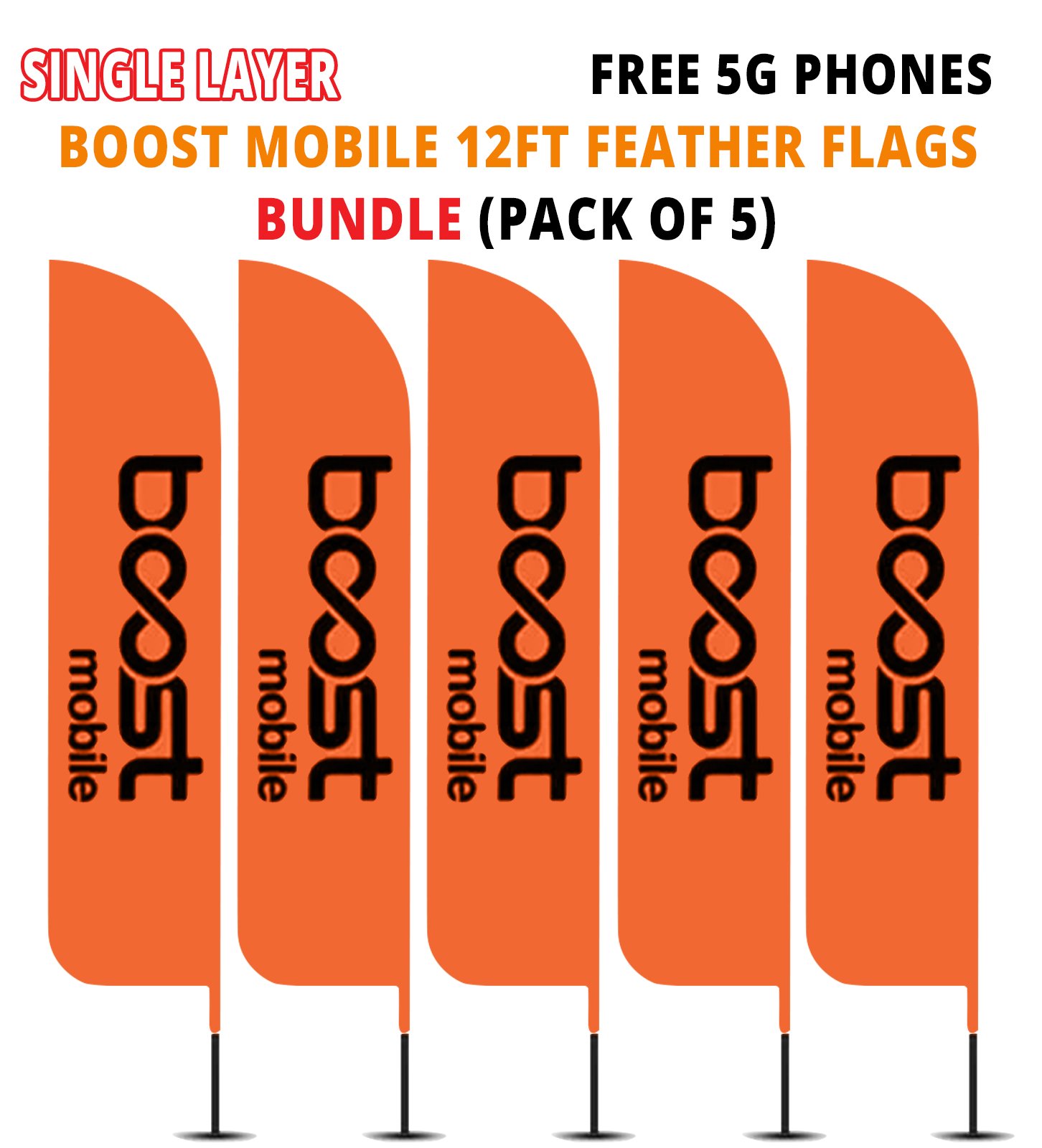 Single Layer – 12ft Boost Mobile Outdoor Flags – Orange – Pack of 5