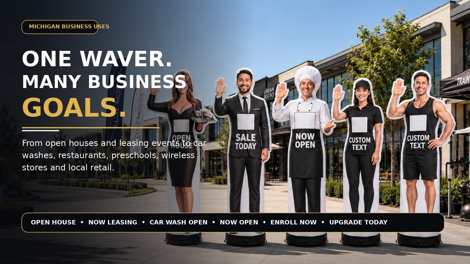 Michigan business character inflatable examples for realtor, car wash, restaurant, spa, preschool, tax and wireless stores