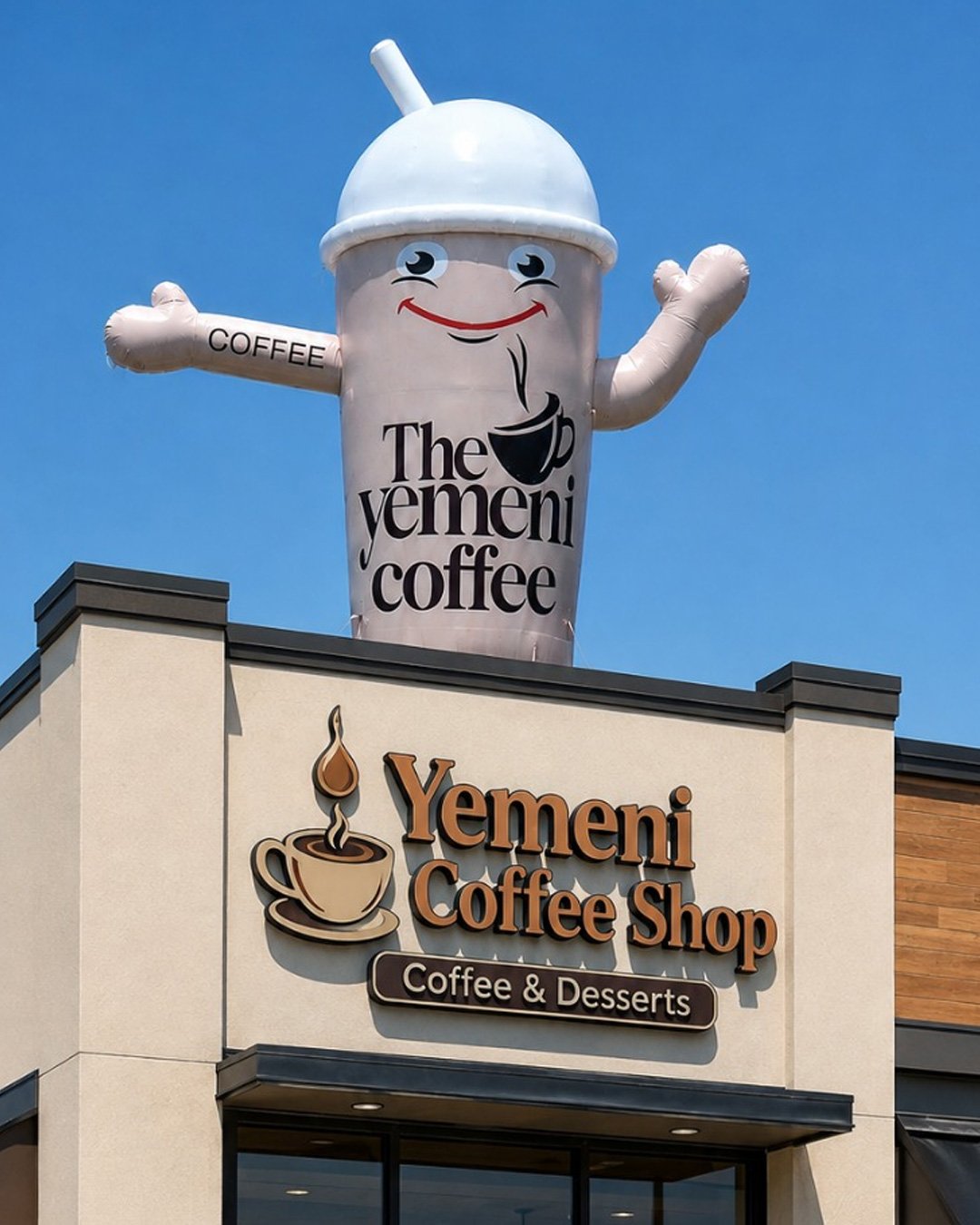 coffee cup rooftop inflatable, custom inflatable mascot, coffee shop advertising inflatable, giant rooftop inflatable, Yemeni coffee shop mascot