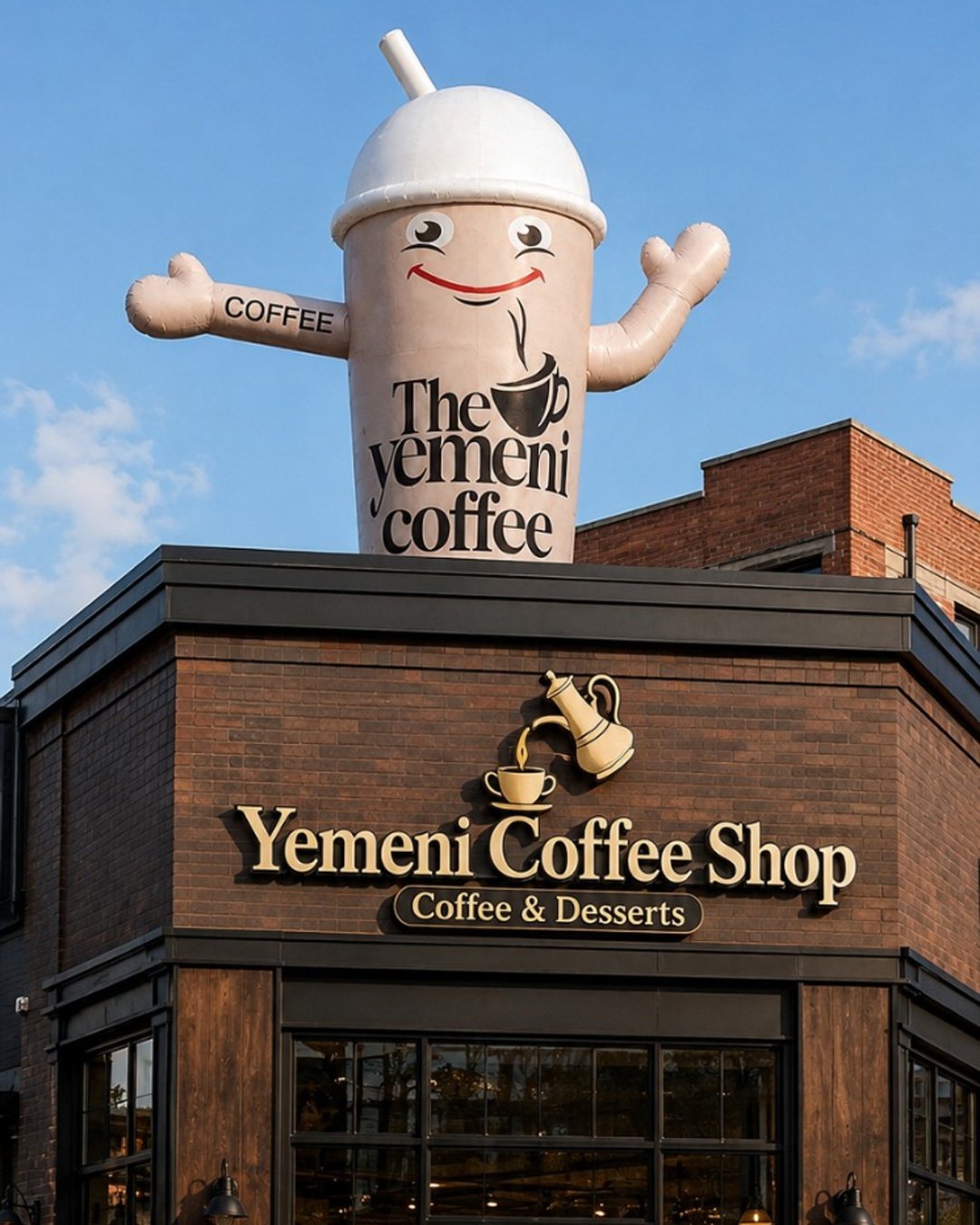 coffee cup rooftop inflatable, custom inflatable mascot, coffee shop advertising inflatable, giant rooftop inflatable, Yemeni coffee shop mascot
