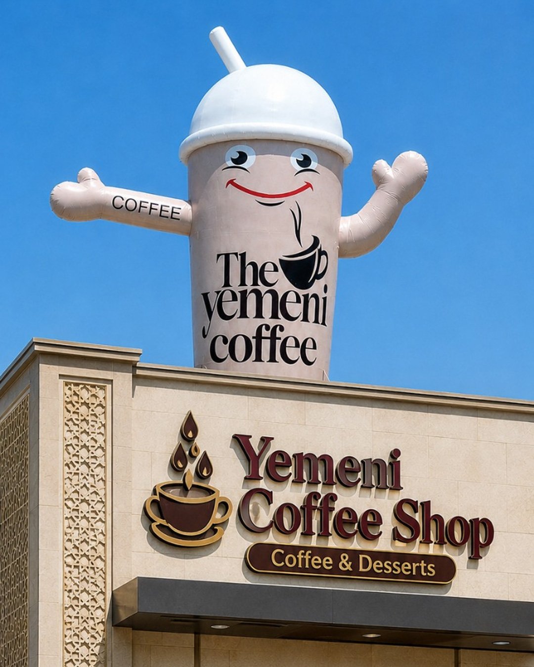 coffee cup rooftop inflatable, custom inflatable mascot, coffee shop advertising inflatable, giant rooftop inflatable, Yemeni coffee shop mascot