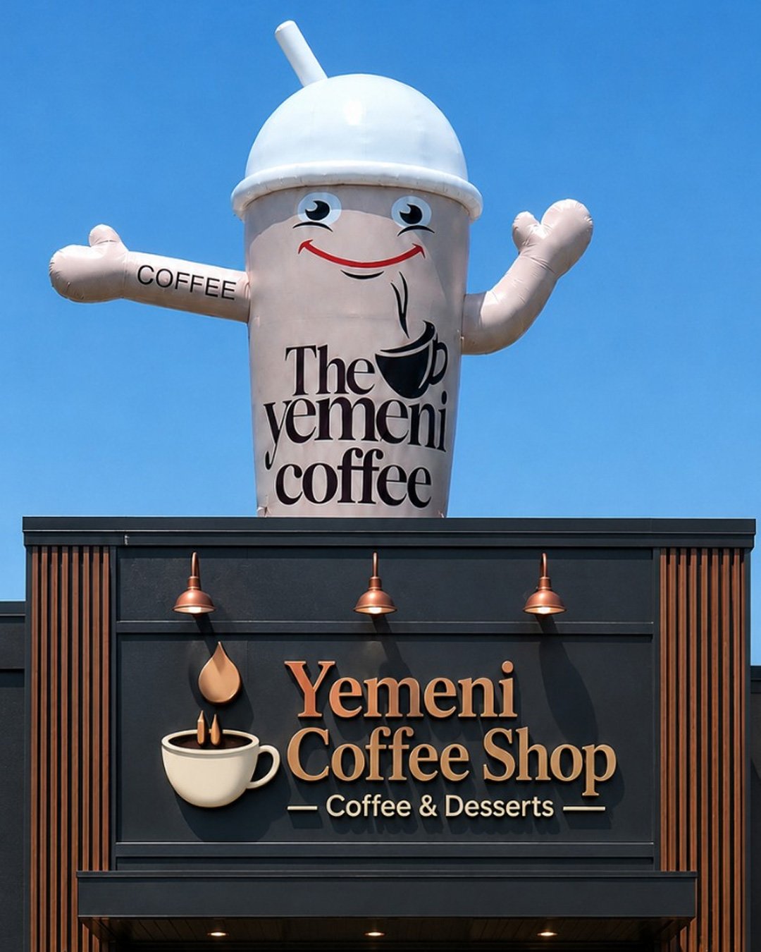 coffee cup rooftop inflatable, custom inflatable mascot, coffee shop advertising inflatable, giant rooftop inflatable, Yemeni coffee shop mascot