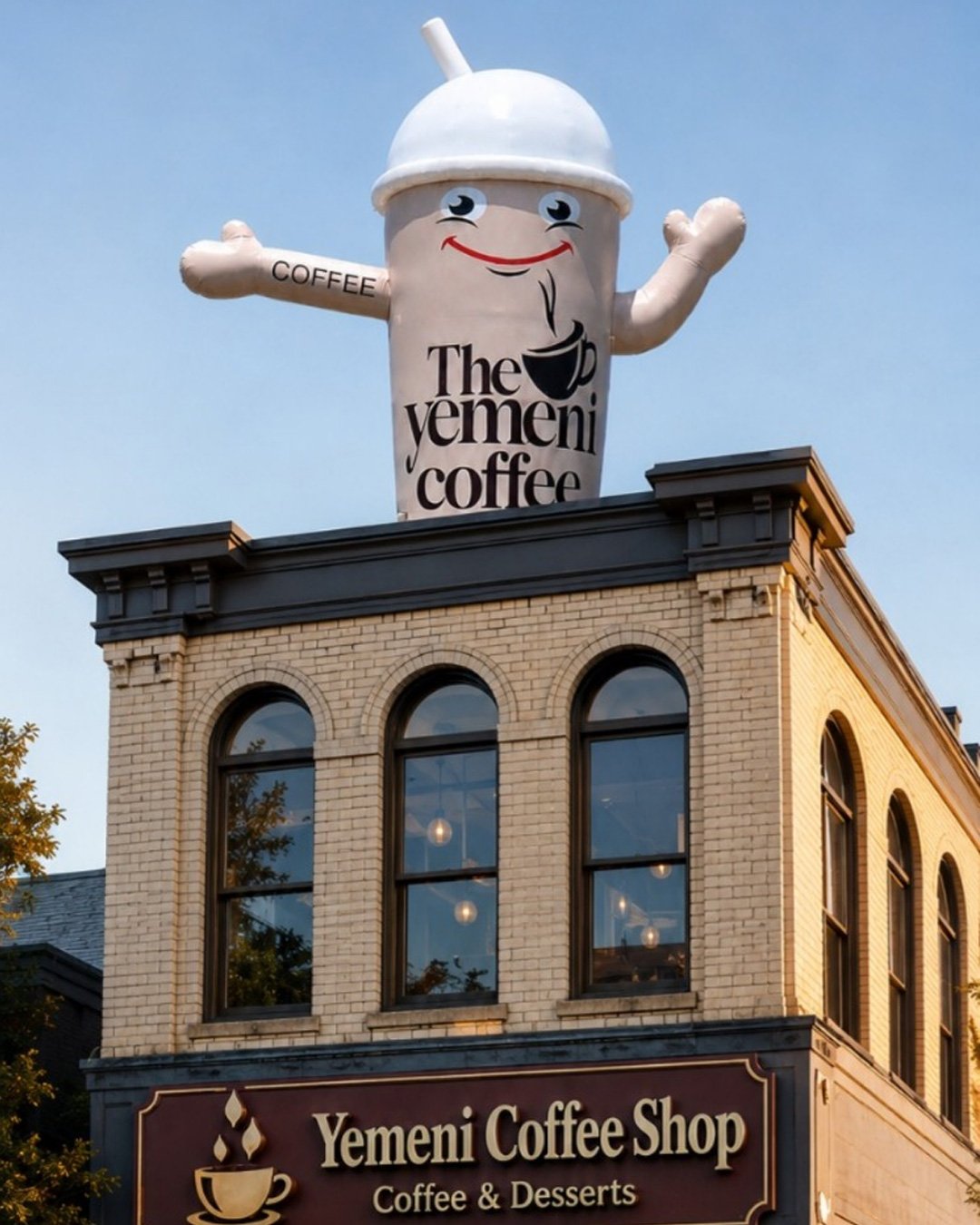 coffee cup rooftop inflatable, custom inflatable mascot, coffee shop advertising inflatable, giant rooftop inflatable, Yemeni coffee shop mascot