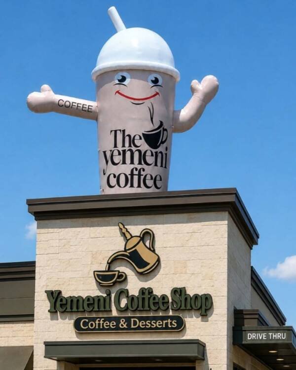 coffee cup rooftop inflatable, custom inflatable mascot, coffee shop advertising inflatable, giant rooftop inflatable, Yemeni coffee shop mascot