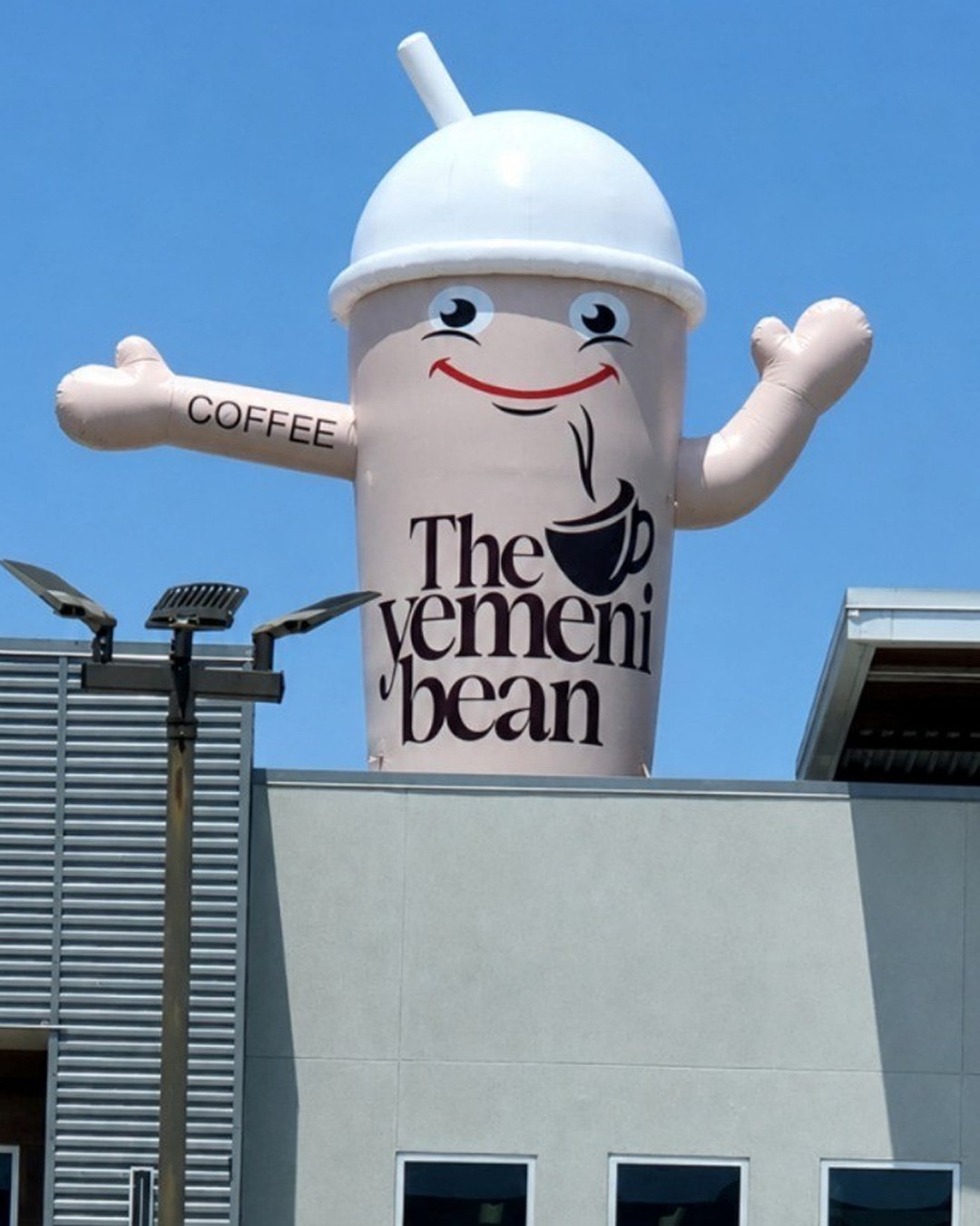 coffee cup rooftop inflatable, custom inflatable mascot, coffee shop advertising inflatable, giant rooftop inflatable, Yemeni coffee shop mascot