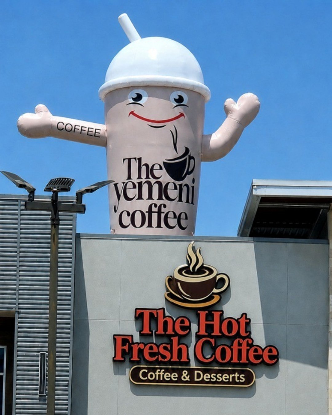 coffee cup rooftop inflatable, custom inflatable mascot, coffee shop advertising inflatable, giant rooftop inflatable, Yemeni coffee shop mascot