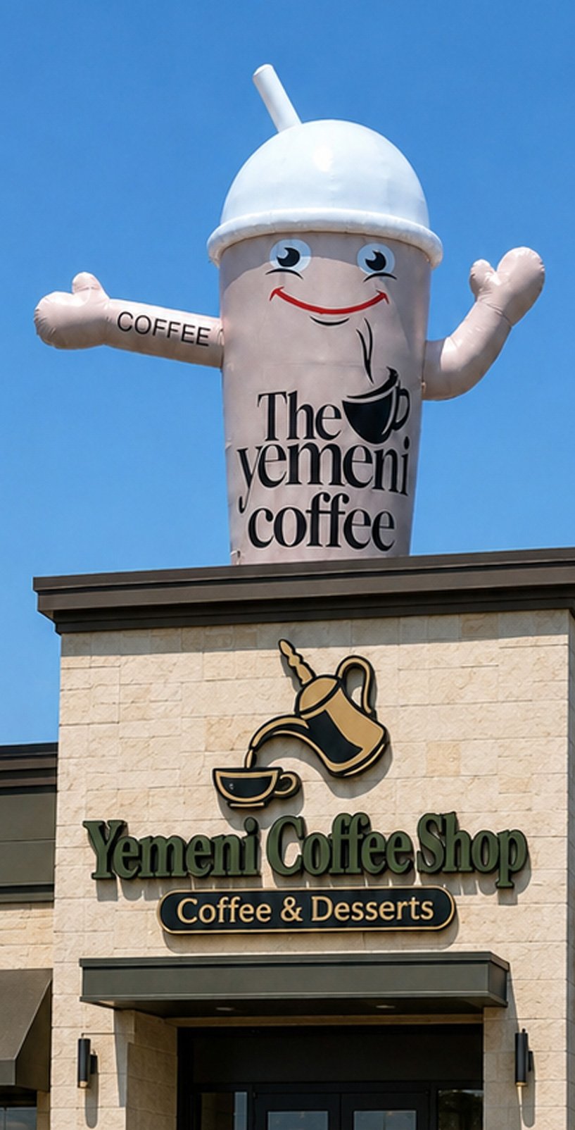 22ft Custom Yemeni Coffee Cup Giant Rooftop Inflatable Mascot